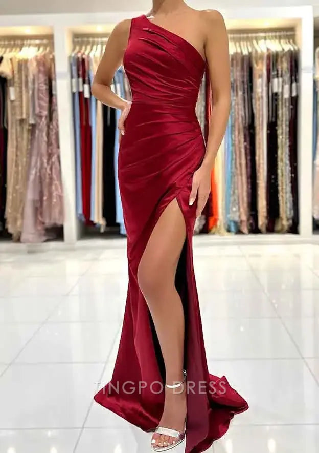 TingPo Wholesale Elegant Sheath/Column One-Shoulder Sleeveless Long/Floor-Length Silk like Satin Prom Dress with Split Pleated